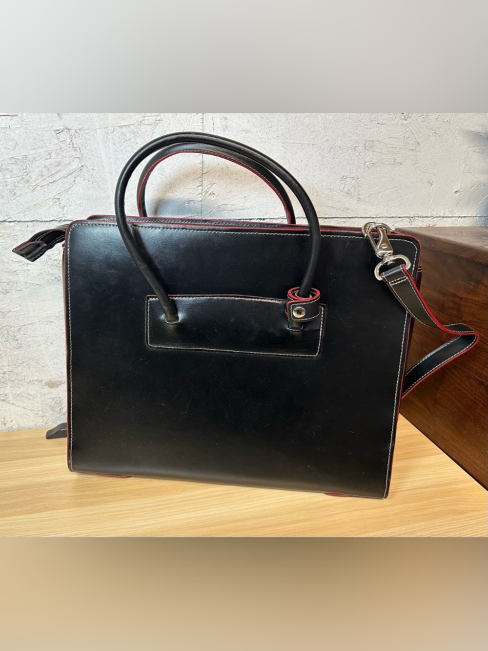 McLain Lake Forest Italian Leather womans Briefcase  black and red lined. - Picture 2 of 7